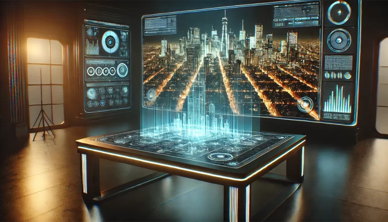 pantalla holográfica sobre una mesa tecnológica futurista, mostrando edificios con un estilo cinematográfico realista.