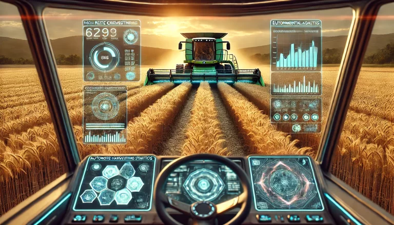 imagen de un campo de trigo en plena cosecha, visto desde el interior de un vehículo futurista con pantallas digitales que muestran estadísticas del proceso. Tiene un estilo cinematográfico realista