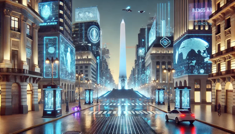 Obelisco de Buenos Aires en un entorno futurista realista, con una ciudad iluminada por tecnología avanzada