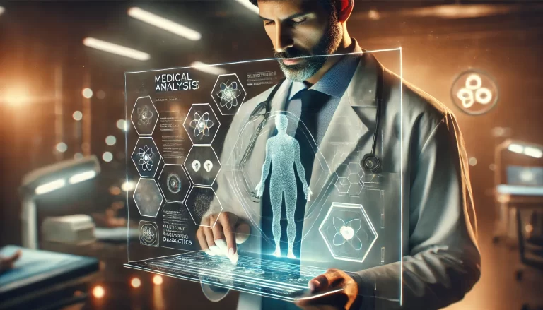 un médico futurista viendo su tableta con resultados de análisis, con un efecto de cámara cinematográfico realista.