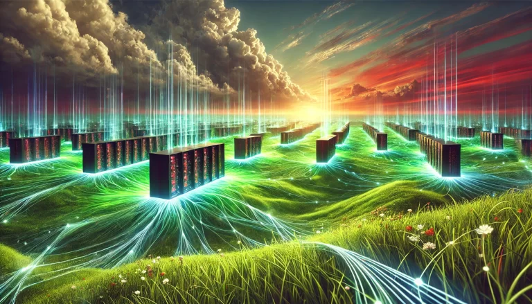 vasto campo verde saturado con servidores tecnológicos futuristas brotando del suelo, interconectados por rayos de luz