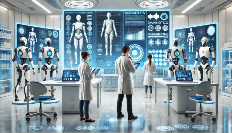 un laboratorio realista futurista donde medicos humanos y medicos robots, ven sus tablets con diagnosticos, pantallas grandes con diagnosticos.