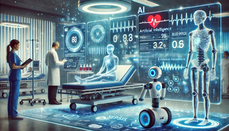 la imagen representa la relación entre la Sepsis y la Inteligencia Artificial en un entorno médico futurista.